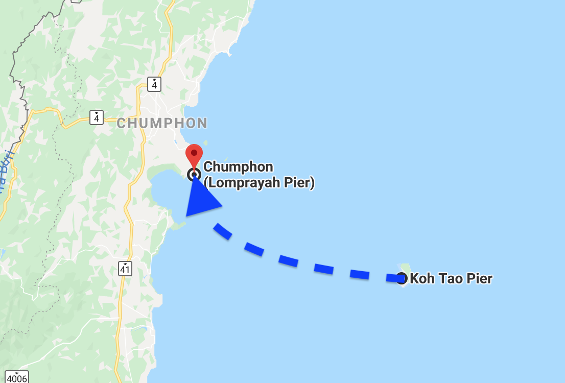 เส้นทางเรือเร็วลมพระยาจากเกาะเต่าไปชุมพร High speed catamaran route from Koh Tao to Chumphon